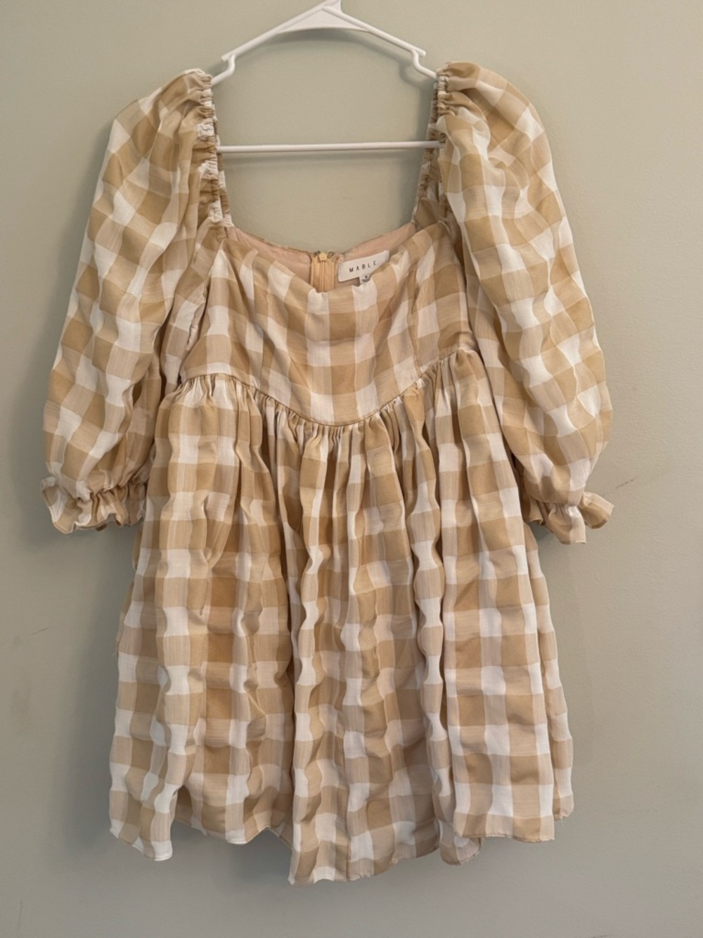MABLE Beige & White Gingham Puff-Sleeve Mini Dress